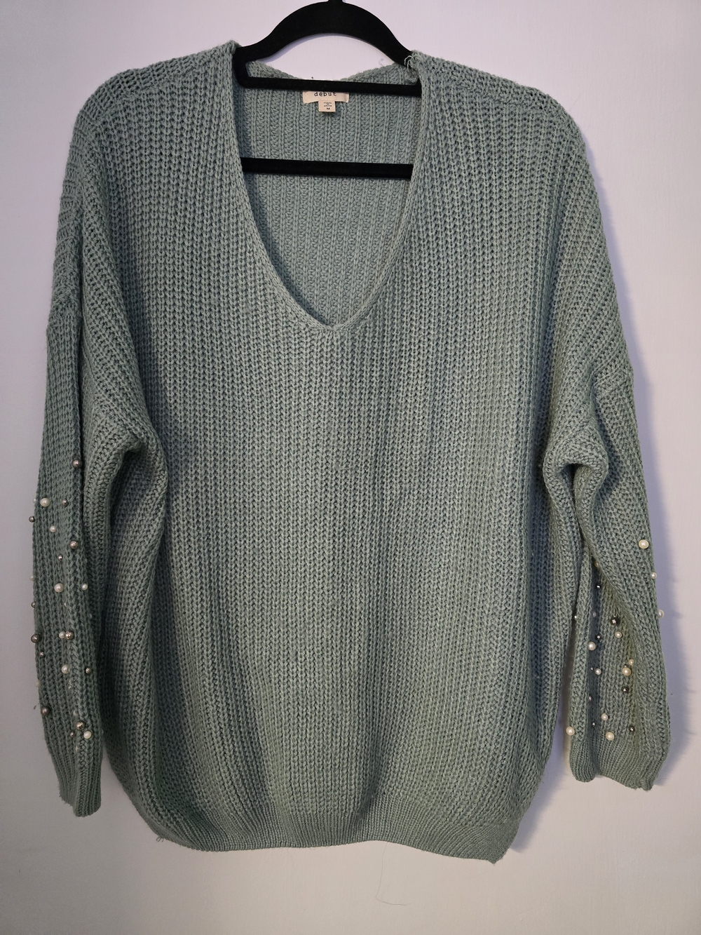 debut Mint Green Pearl-Embellished V-Neck Sweater